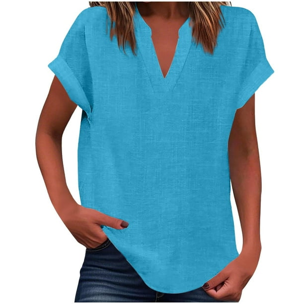 Vestidos Casuales Para Mujer, Blusas De Mujer De Moda Suéter de mujer de color liso de imitación de lino y lino con hombros descubiertos y cuello en V de manga corta a la moda