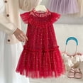 thumbnail image 2 of Rhuody Robe de Printemps pour Fille Col Rond Tout-Petit Manches Volantées Étoile Lune Robe à Paillettes Danse Fête Volants Robe d'Été Tenue Décontractée Rouge 4-5 Ans, 2 of 6