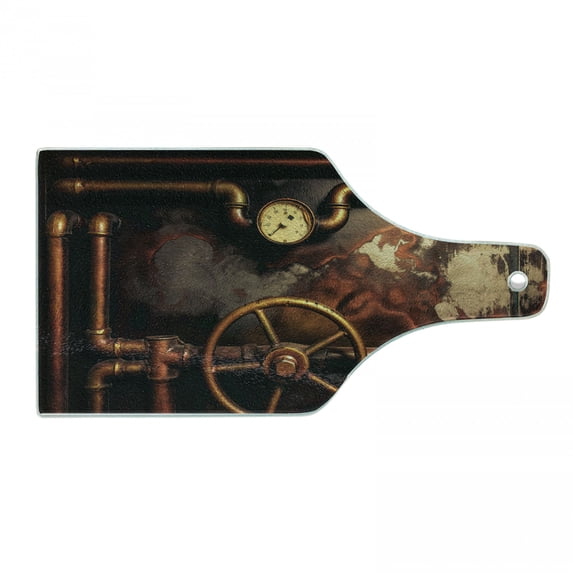 Industrial Cutting Board, Steam and Pressure Gauger Vintage Style Damaged Timeworn Engine, Decorative Tempered Glass Cutting and Serving Board, Wine Bottle Shape, Dark Orange Umber, by Ambesonne