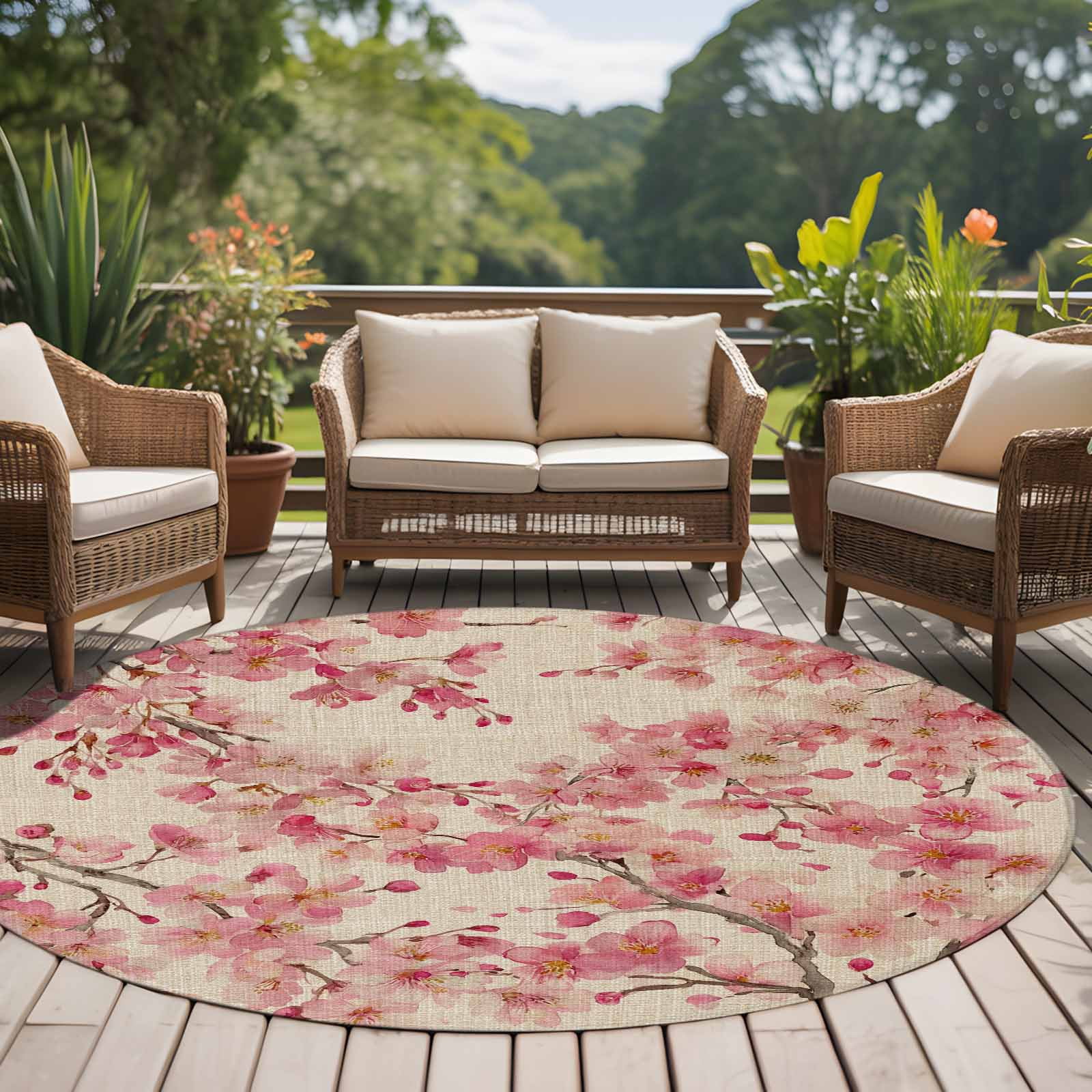 Peaches Branches Round Area Rug 5Ft Washable Circle Rugs for Living Room Bedroom, Farmhouse Spring Botanical Pink Flowers Non-Slip Carpet Floor Mats Indoor Outdoor Carpet Runner Aesthetic Home Decor