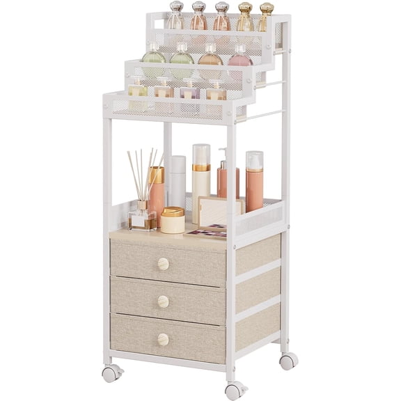 Makeup Cart Organizer with Drawers, Floor Rolling Skincare Vanity Storage Mobile Cosmetic Display Case Stand for Makeup Brushes, Nail Polish, Perfume Organizer for Women Matte White