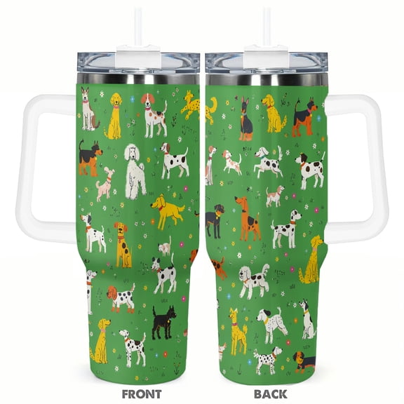Funny Dog Pattern 40oz Insulated Tumbler Colorful Puppy Pet Lover Travel Cup with Handle and Straw Lid