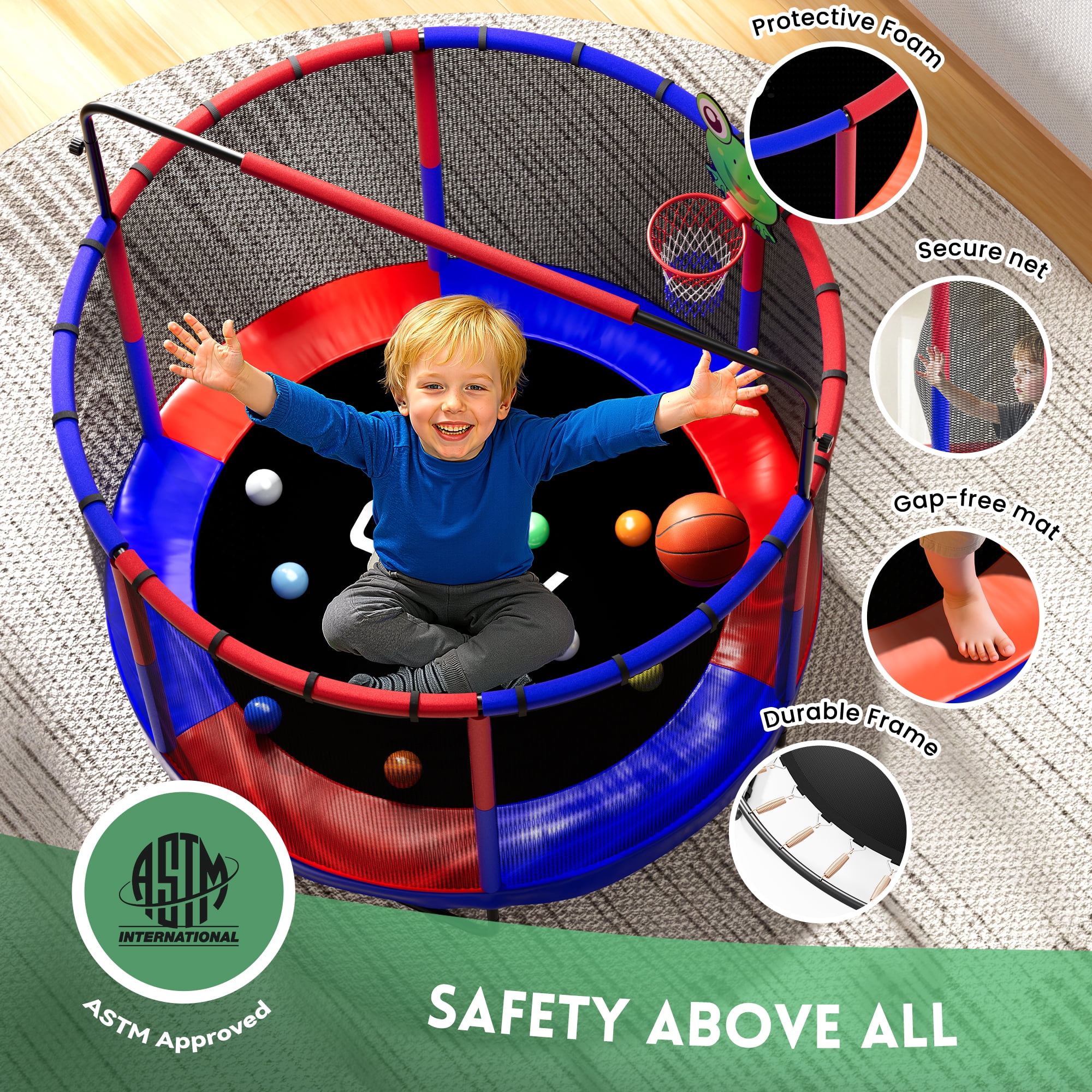 Trampoline for Kids, 60" Toddler Mini Trampoline with Enclosure Net, Basketball Hoop