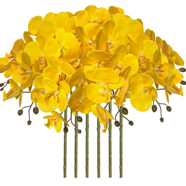Flores artificiales de Phalaenopsis de 37" 6 piezas de flores artificiales de orquídea con tallo para decoración del hogar, amarillo