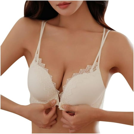 Gnurob Womens Lace Front Closure Bra Padded Push Up Bralette Wire Free Bras Sexy Deep V Bralettes Comfort Breathable Brassiere Everyday Wear Clearance Saving White Large