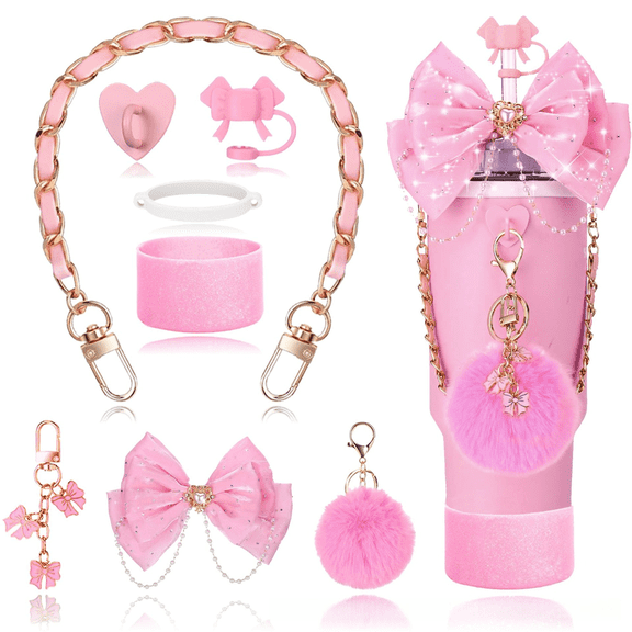 Bling Tumbler Accessories Kit for Stanley 20/30/40 oz Tumblers, Sparkly Pink Bow Decor Set with Straw Topper, Handle Strap, Cup Boot & Chain Charms
