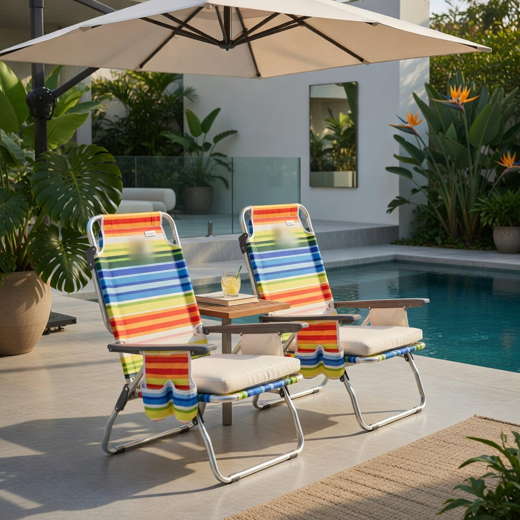 Hommoo 4-Pack Adjustable 5-Position Folding Beach Chair Set with Pillow, Lightweight Aluminum Frame, Waterproof PVC Fabric, Yellow