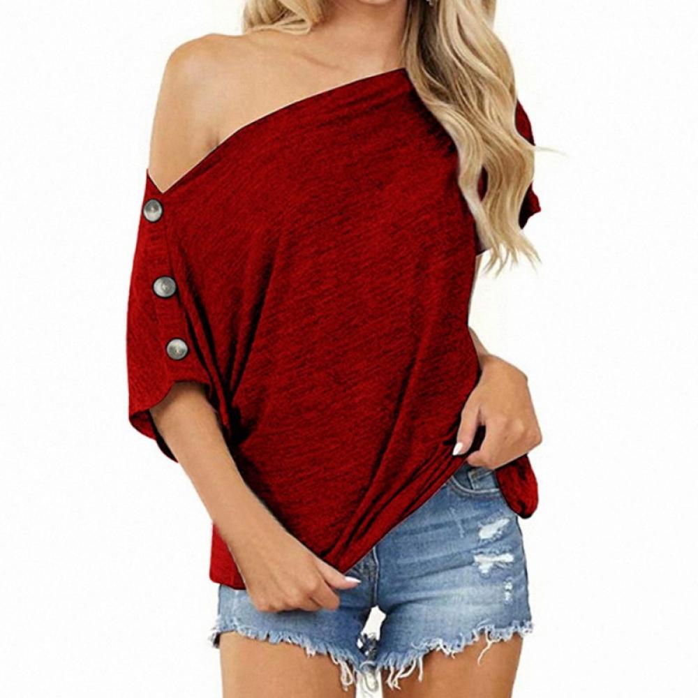 REVETRO Women/'s Off The Shoulder Tops Button Down Short Sleeve Shirt Casual Summer Tunic Blouse