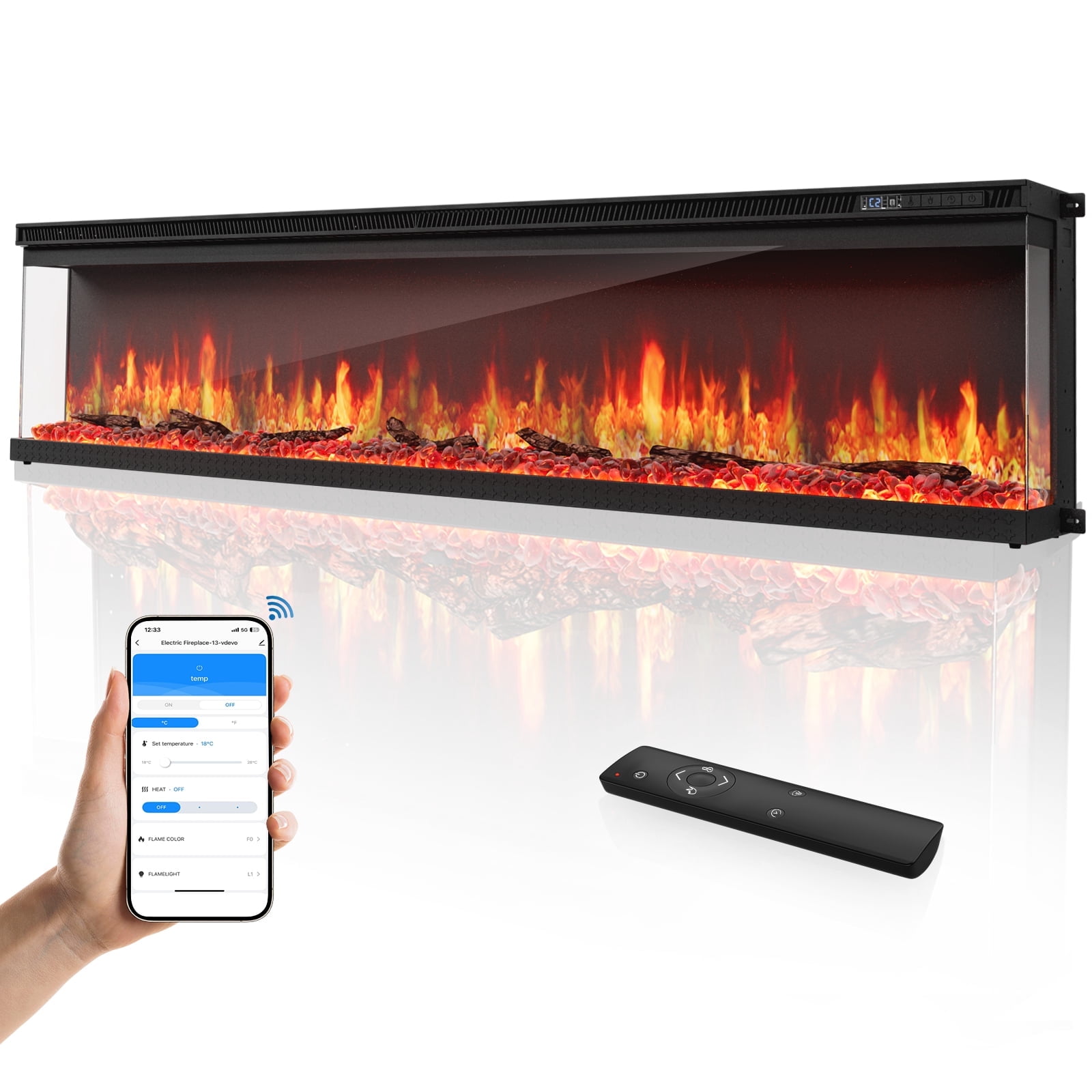 WIAWG 72-inch 3-Sided Wall Mount Electric Fireplace, Recessed & Built-in Design with Wi-Fi/Remote, 1500W Heater, 12 Flame Colors for Living Room