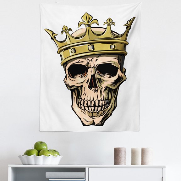 King Tapestry, Dead Skull Skeleton Head with Royal Crown Tiara in Hand Drawn Style on White Backdrop, Fabric Wall Hanging Decor for Bedroom Living Room Dorm, 5 Sizes, Multicolor, by Ambesonne