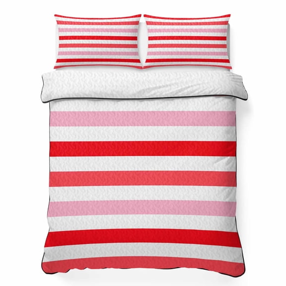 King Quilt Set 96''x106'', Red Pink Striped Lightweight Summer Bedspread Coverlet Set with 2 Pillow Shams, Farmhouse Stripes Simple Art Breathable All Season Quilt Bedding for Bedroom/Guest Room
