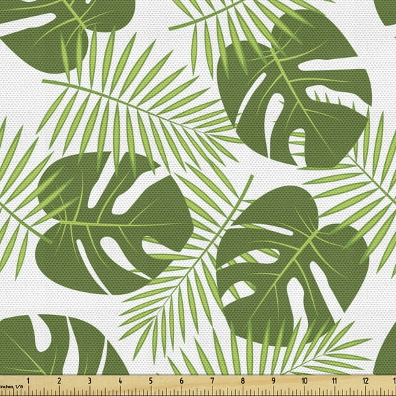 Ambesonne Green and White Fabric by the Yard Upholstery, Palms and Monsteras, 5 Yards, Green Pale Green