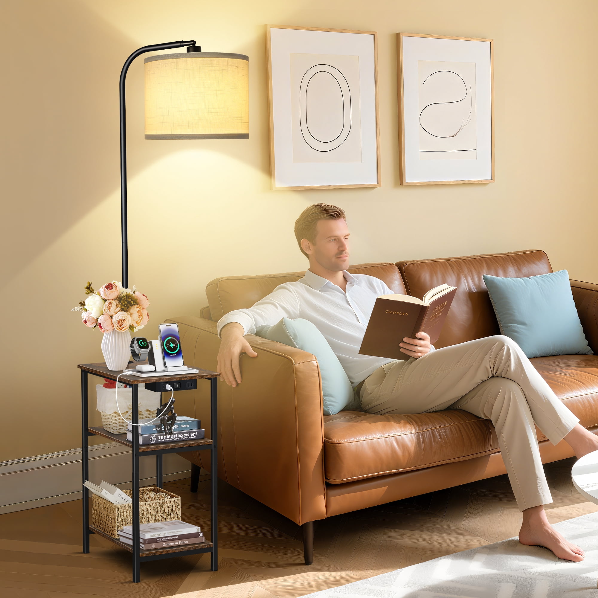 OUTONLIFE Floor Lamp with Table for Living Room with USB & Type C Charging Station, End Table Lamp with 3-Color Temperature LED Bulb for Bedroom, Brown