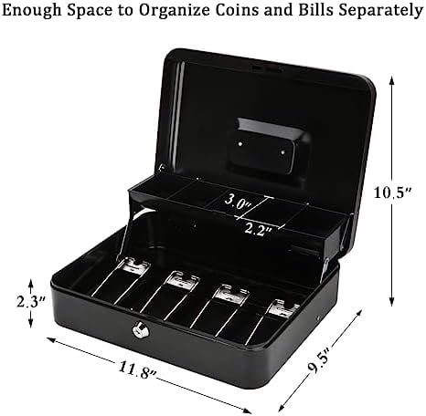 Large Cash Box with Money Tray and Lock - Safe Box for Cash Saving Key Lock Money Organizer Box, 11.8L x 9.5W x 3.5H Inches, Black, SM-CB0501L, XLarge
