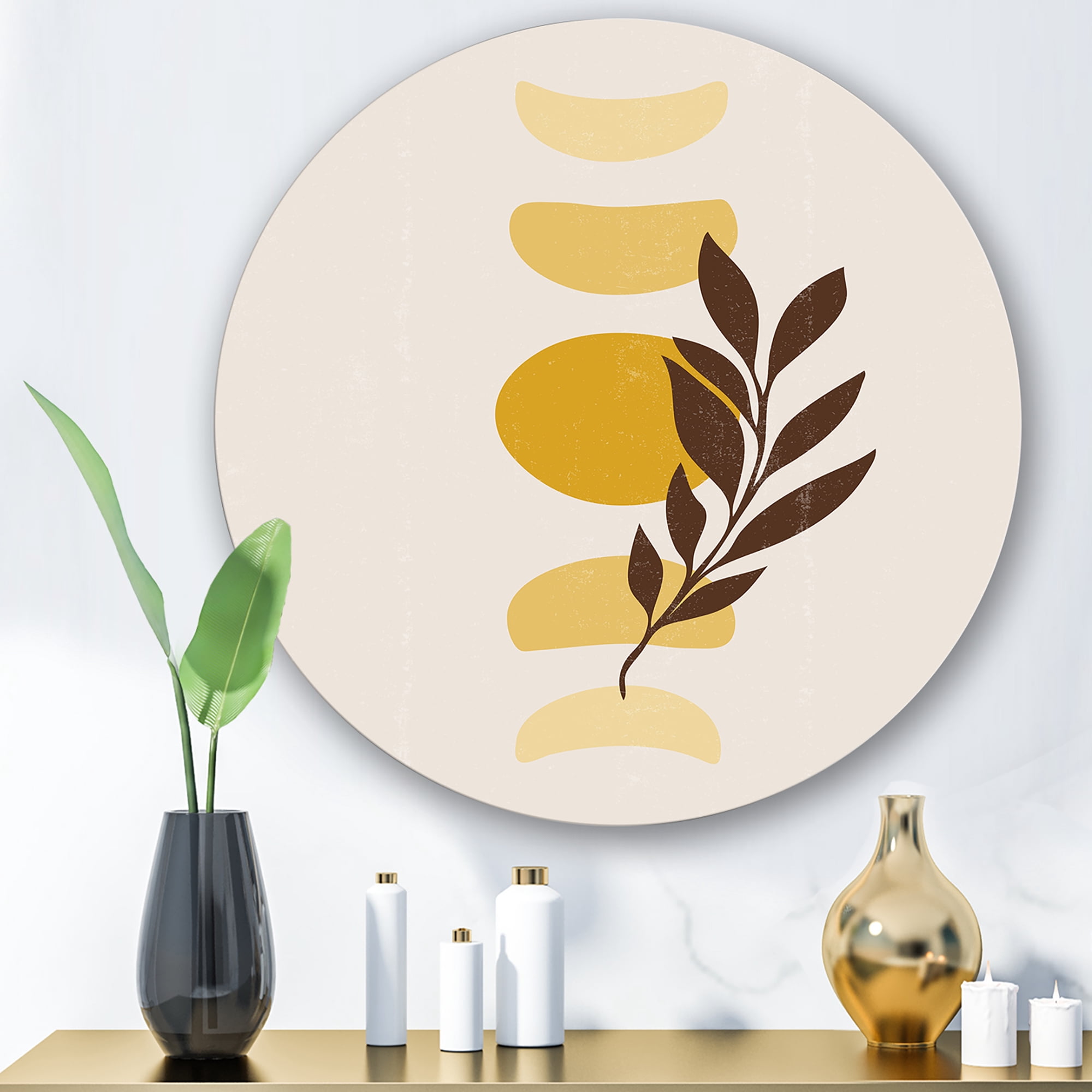 Designart 'Abstract Geometrical Moon and Sun With Leaf VII' Modern Circle Metal Wall Art 11x11 - Disc of 11