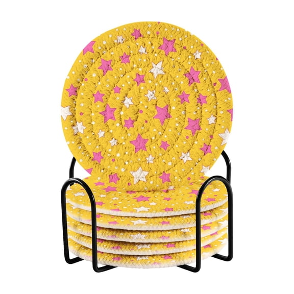 Yayeee 6 PCS Drink Coasters with Holder Set Woven Absorbent Round Tabletop Hot Pad, Pink Stars