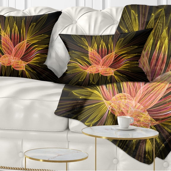 Designart Yellow Red Fractal Flower in Dark - Floral Throw Pillow - 12x20