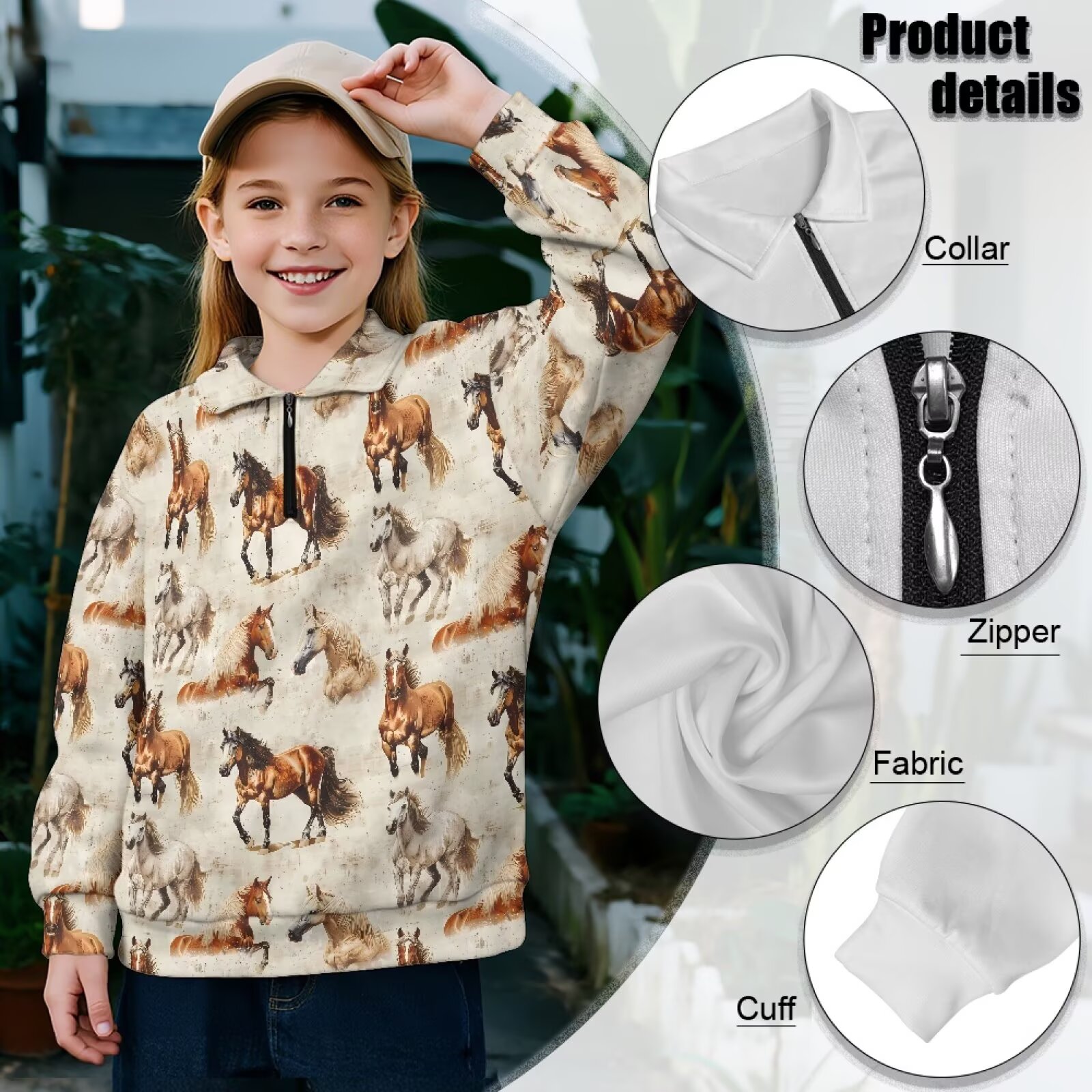 Uorisanigo Kids Girls Half Zip Pullover Sweatshirt Fall Trendy Western Horse Print Quarter Zipper Cropped Sweatshirt Loose Long Sleeve Workout Shirts Comfy Pullover Jackets