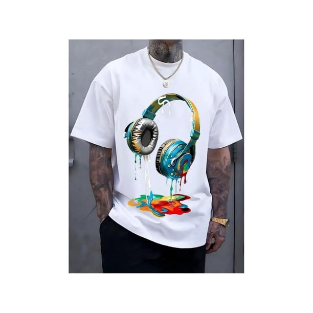 Camiseta de gran tamaño para mujer Camiseta de algodón azul marino para hombre con estampado gráfico de auriculares vibrantes - Estilo urbano informal, manga corta, cuello redondo, lavable a máquina,
