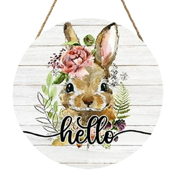 Easter Bunny Wooden Welcome Sign 8x8 Inch, Front Door Display for Holiday Home Decor, Easter Decoration Wall Hanging