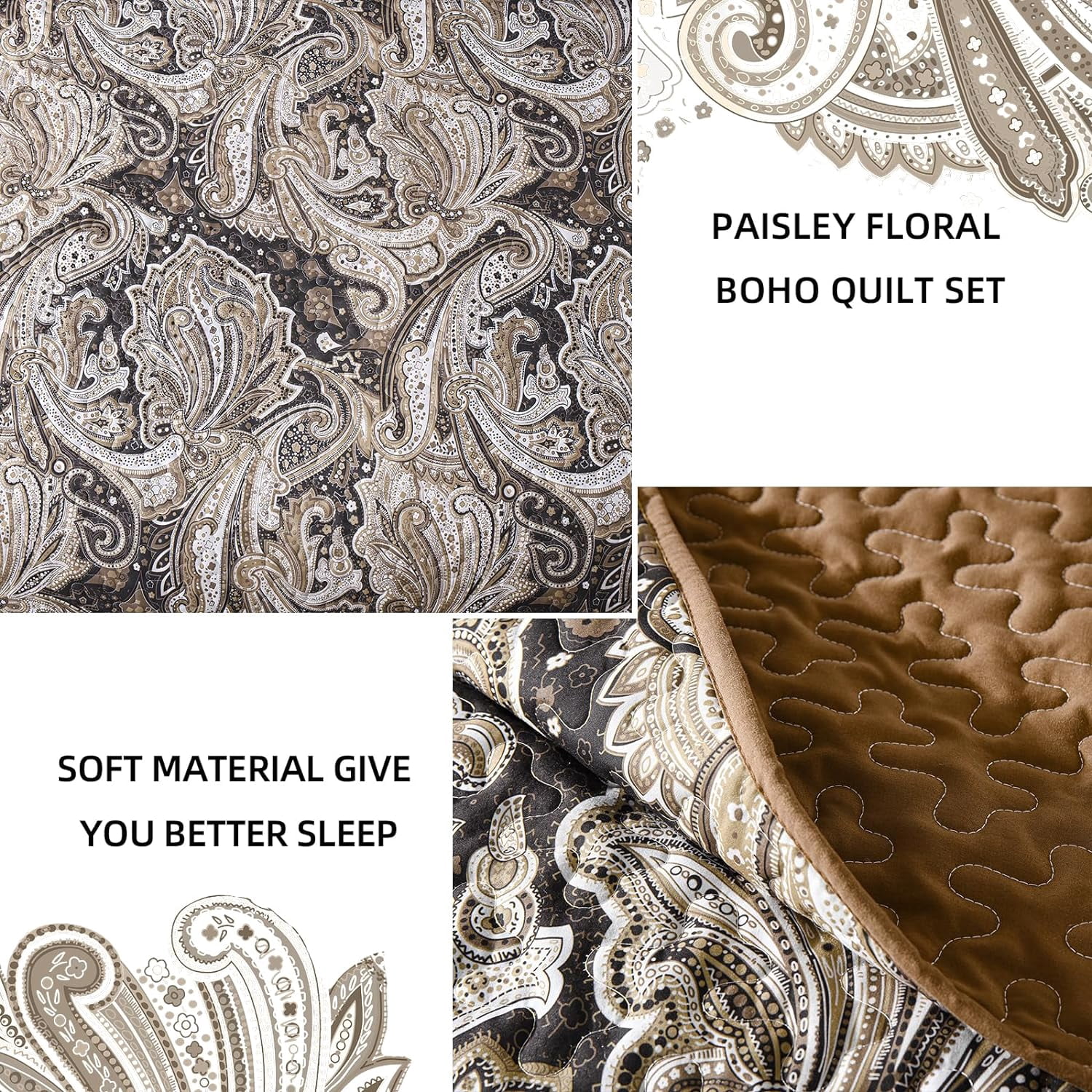 Dintszyayue Brown Paisley Quilt Set King Size,1Bedspreads and 2Pillowcases Soft Adult Coverlets(90"x110")