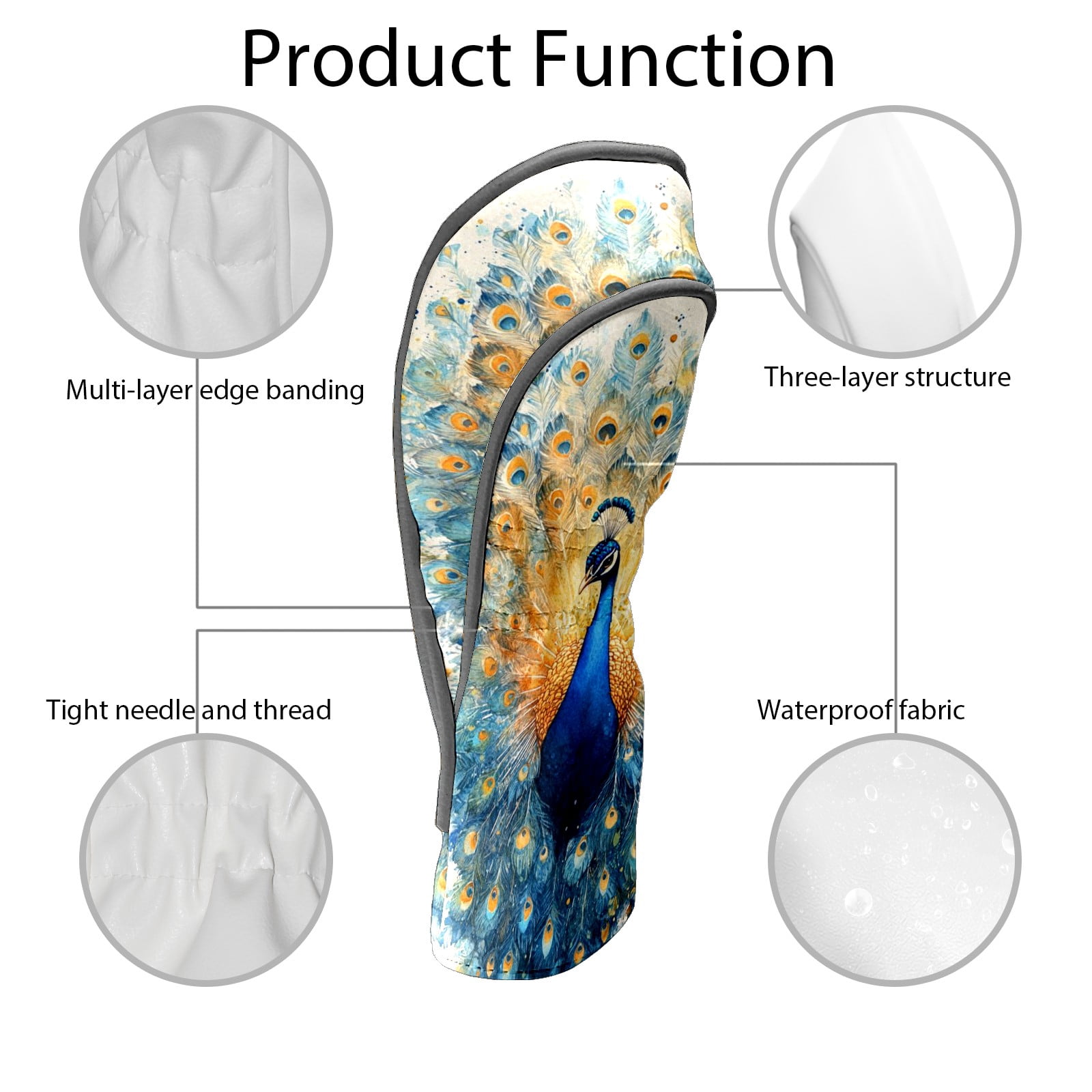 Golf Club Covers PU Leather Waterproof Head Covers for Fairway Woods Hybrids Blue Peacock Pattern Unisex Fits Most Brands