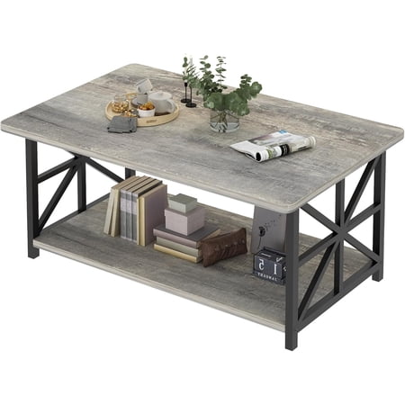 MOOSENG Coffee Table with Storage Shelf, 2-Tier Industrial Living Room Table Round Corners , Rectangular Coffee Table with Metal Frame, Rustic Cocktail Table for Living Room