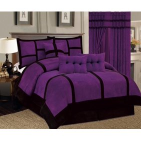 7 Piece Patchwork Purple Black Micro Suede Comforter Set King Size