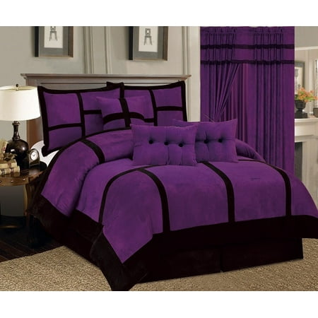 7 Piece Patchwork Purple Black Micro Suede Comforter Set Cal King