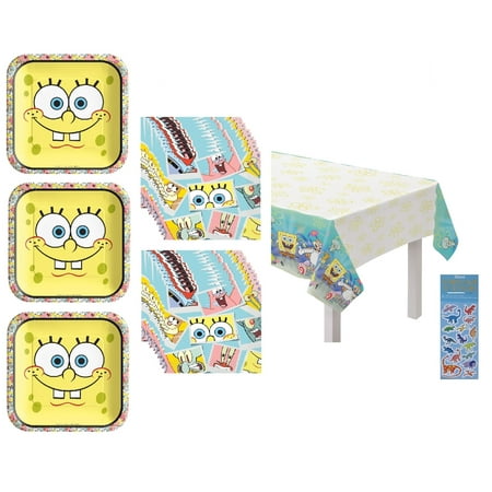 Spongebob SquarePants Birthday Party Supplies Bundle includes 24 Lunch Paper Plates 9", 32 Paper Napkins, 1 Plastic Table Cover 54" x 96", 1 Dinosaur Sticker Sheet