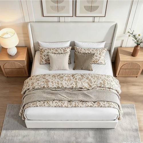 Taoruifang Queen Size Upholstered Platform Bed with Tall Wingback Headboard – Beige Chenille, No Box Spring Needed