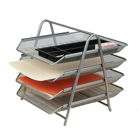 Mind Reader Desk Organizer with 4 Sliding Trays for Letters, Documents, Mail, Files, Paper, Silver