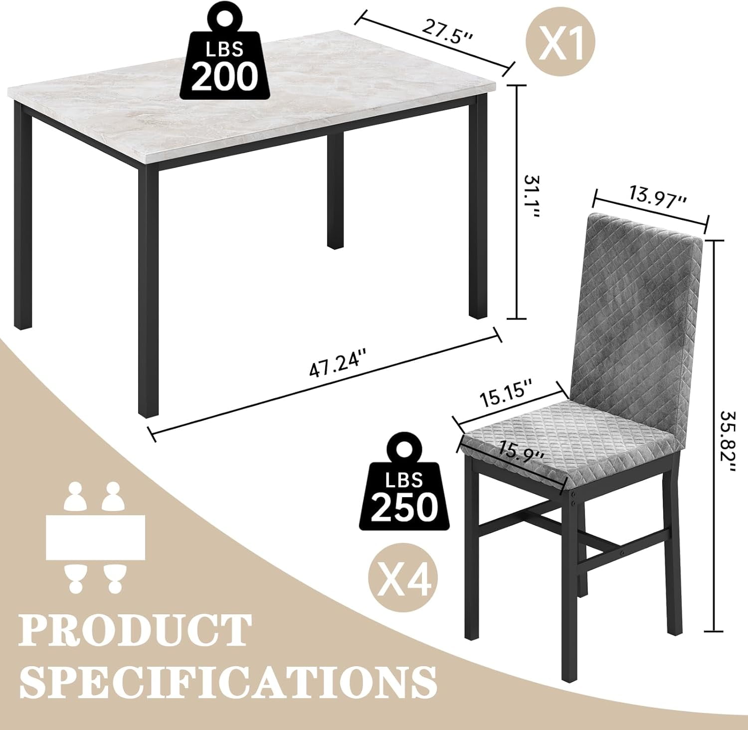 Dining table set for 4, marble kitchen table set with 4 diamond-shaped velvet dining chairs for small spaces, apartments, breakfast corners, kitchens and dining rooms (white/gray)