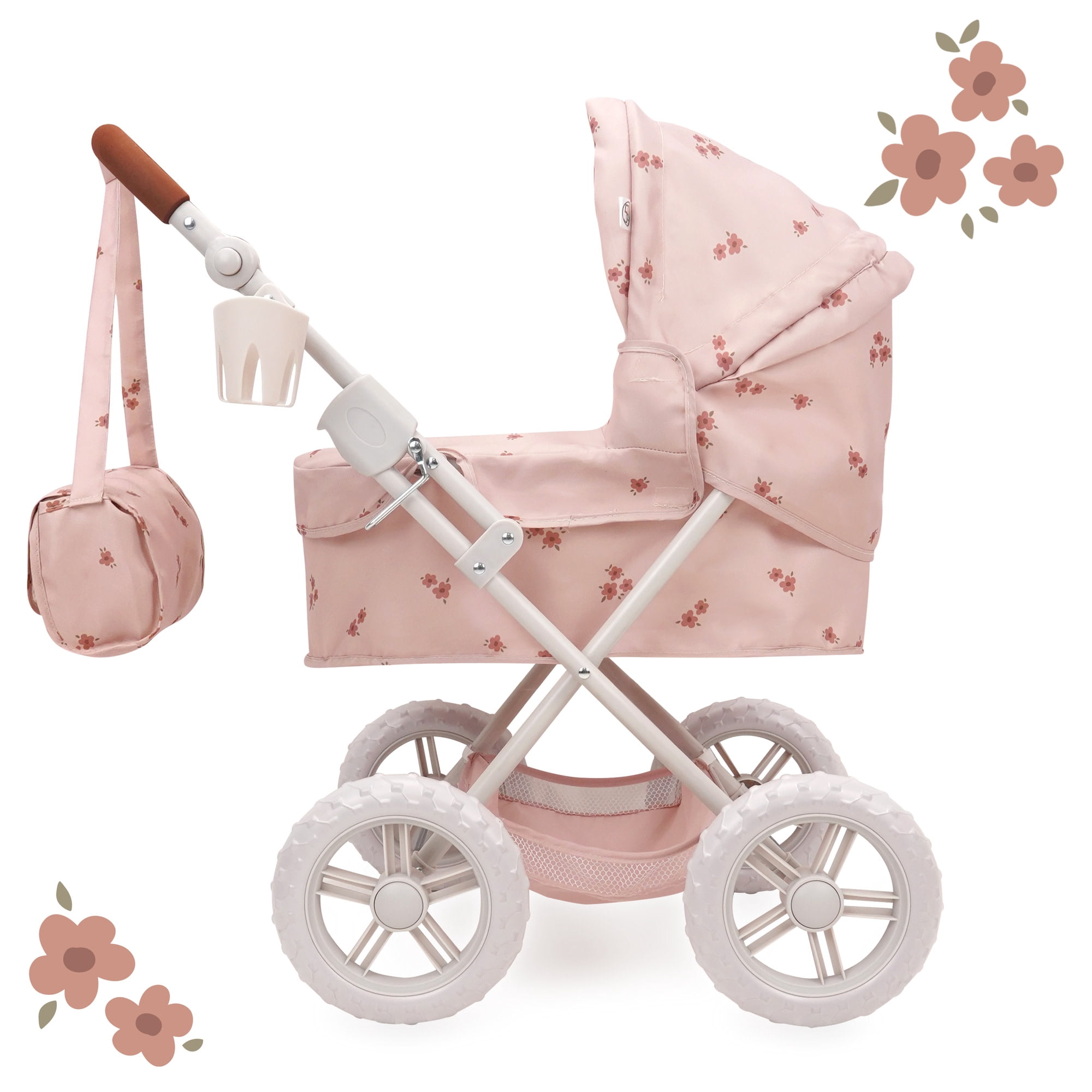 509 Crew: Ballet Flora - Deluxe Amanda Doll Pram - Soft Pink & Flowers, Handbag, Sun Canopy, Adjustable Handle, Foldable, Doll Accessory Toy, Kids 3+