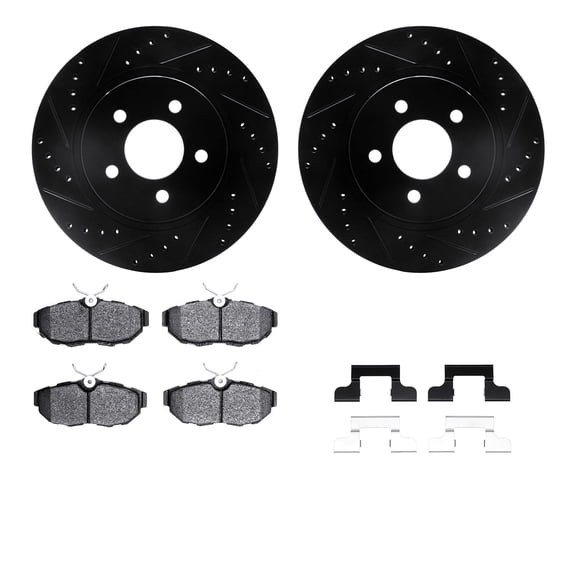 Dynamic Friction Company Rear Brake Rotors-Drilled and Slotted-Black with 5000 Advanced Brake Pads includes Hardware 8512-54041