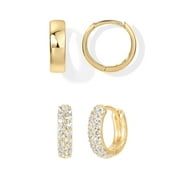 PAVOI Women's 14K Gold Plated Huggies, Cubic Zirconia & Plain, 925 Sterling Silver Posts, 2 Pack