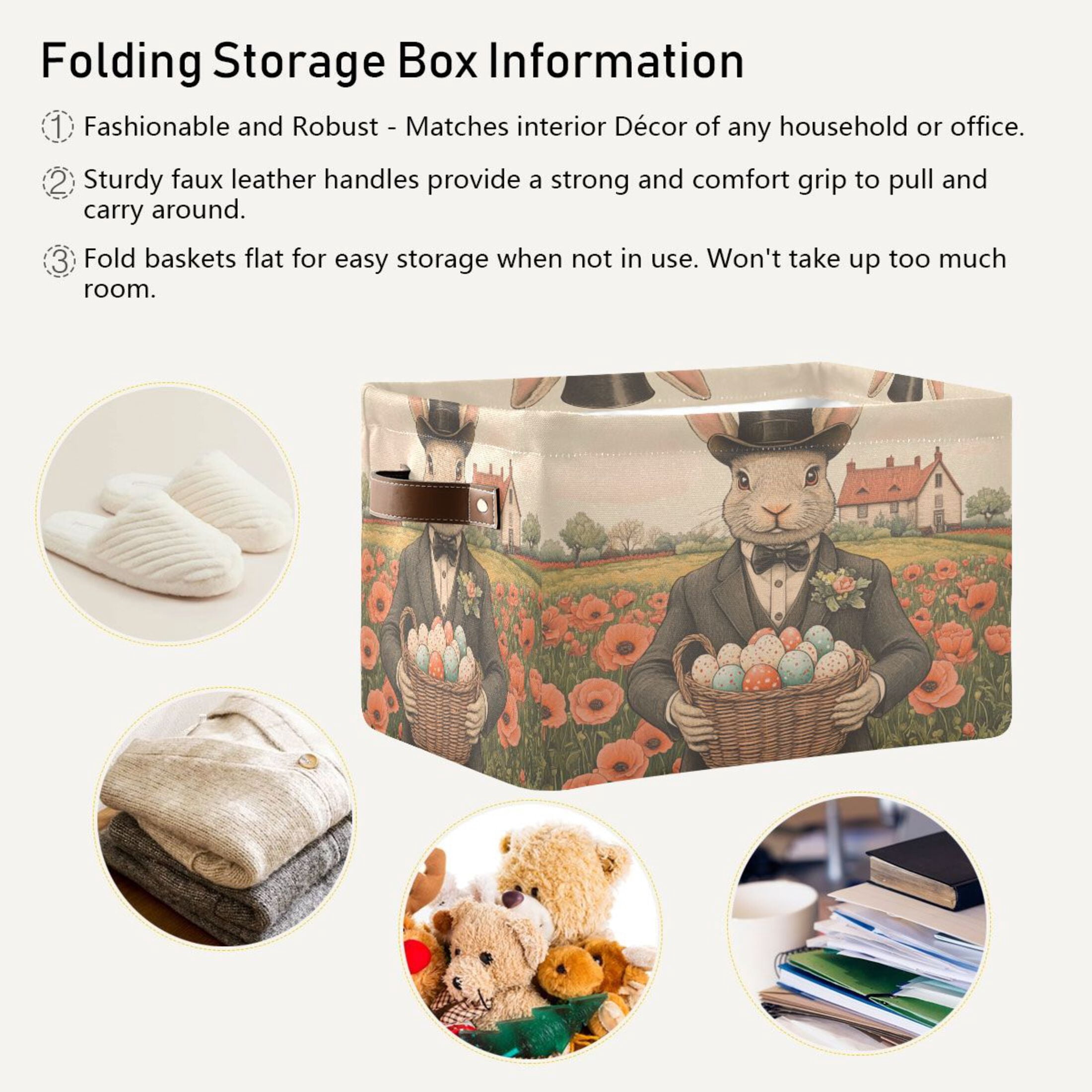 WOBOGO Mister Easter Bunny Square Storage Basket with Waterproof Canvas and PE Lining Durable PU Leather Handles 14.2×10.2×8.3in
