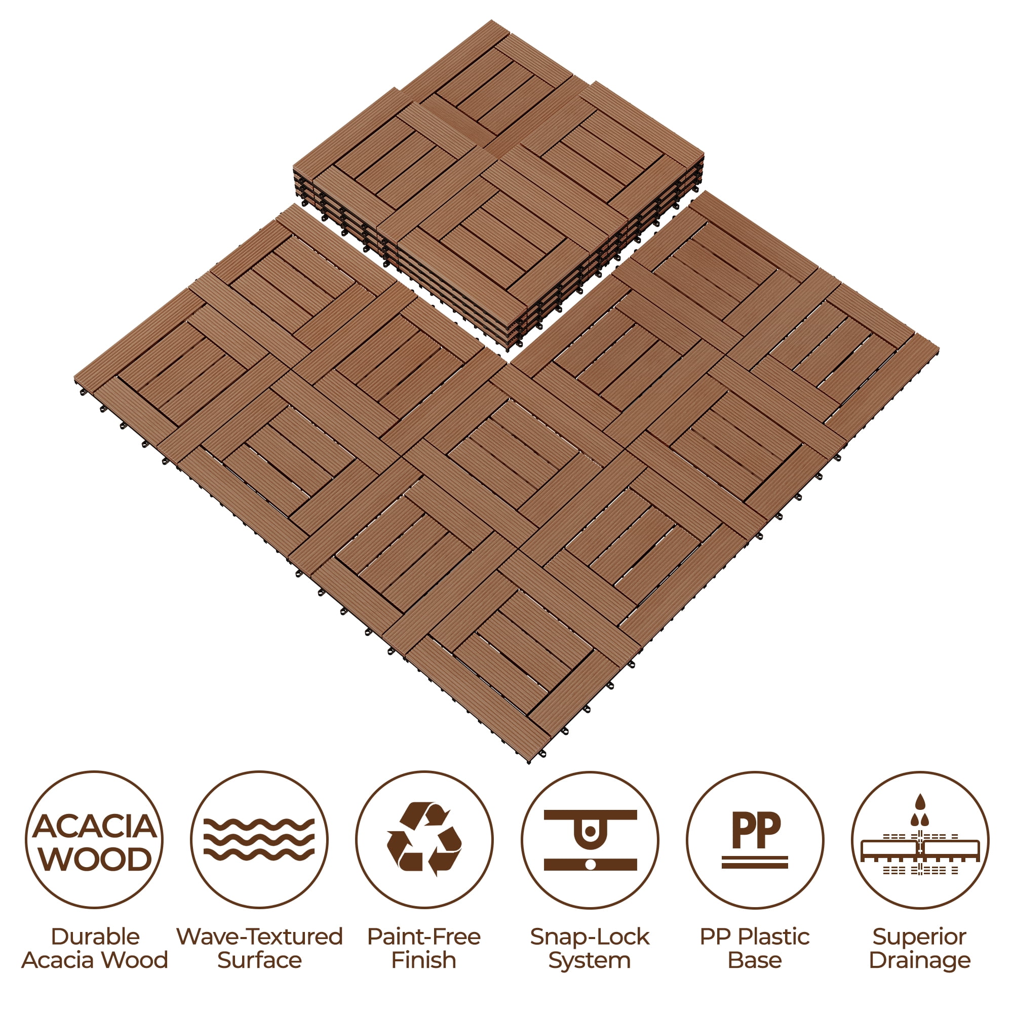 Alden Design 27pcs Indoor & Outdoor Wood Flooring Tiles for Patio Garden, 12" x 12", Brown