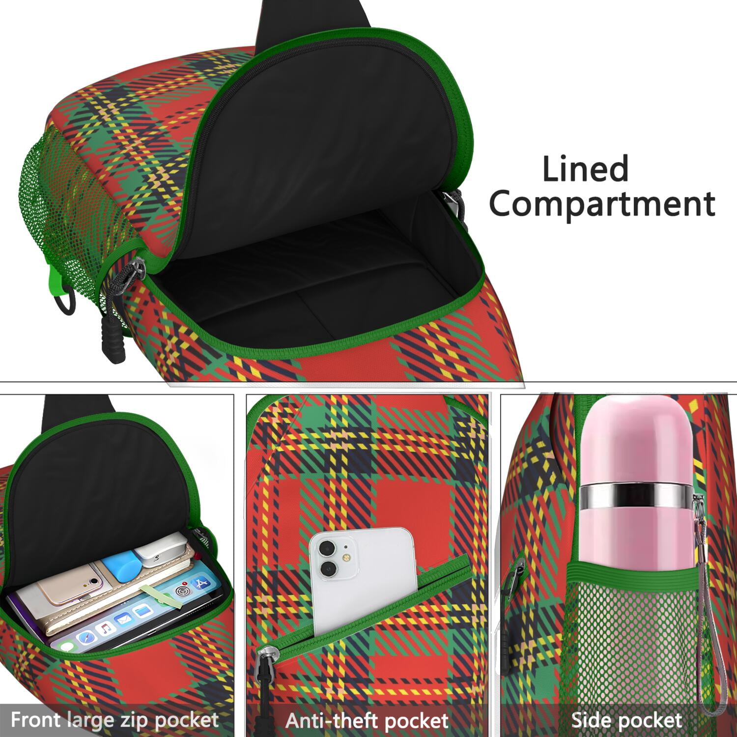 Farmhouse Plaid Print Shoulder Backpack - Buffalo Checkered Sling Bag with Mesh Sides & Organized Pockets - Versatile Wear for Men & Women on Outdoor Adventures