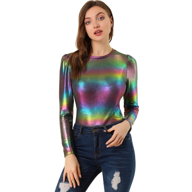 INSPIRE CHIC Camisa de manga larga para mujer, brillante, brillante, de fiesta, metálico brillante Multicolor S