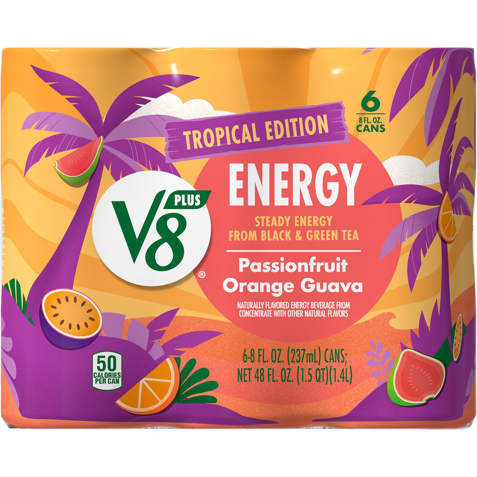 (4 pack) V8 +Energy Passionfruit Orange Guava Juice Energy Drink, 8 fl oz Can (24 Pack)