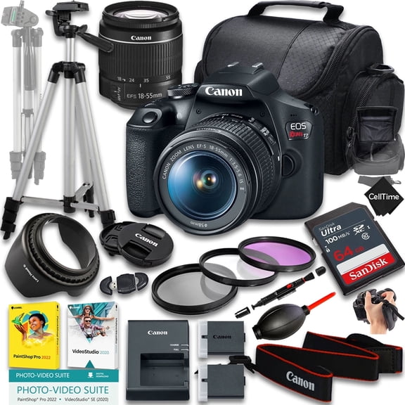 Canon EOS Rebel T7 DSLR Camera with EF-S 18-55mm f/3.5-5.6 IS II Lens   64GB Memory   Extra Battery   Camera Case   Tripod   More (21pc Bundle) (International Version)