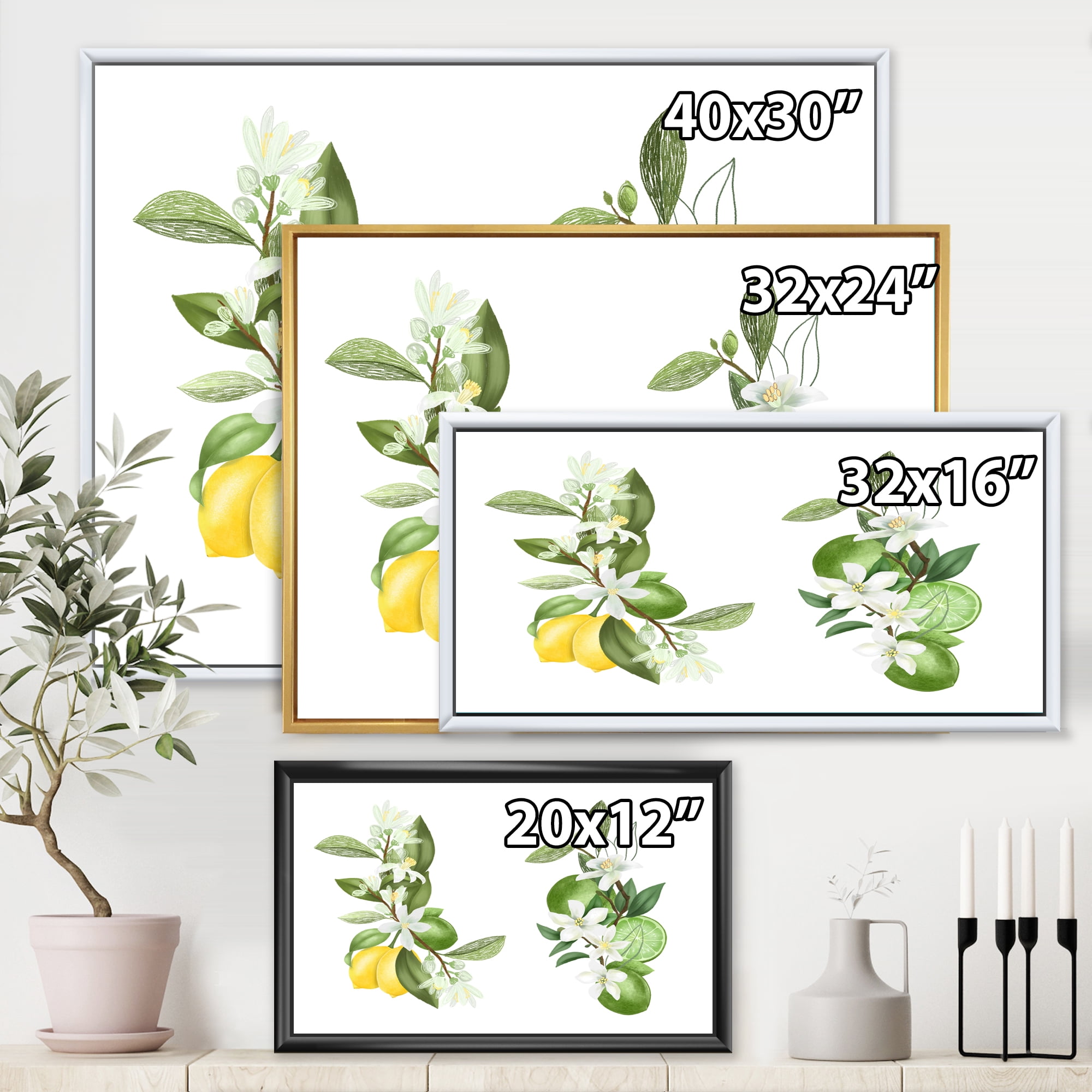 Designart 'Bouquets Of Blooming Lemon Tree Branches on White' Traditional Framed Canvas Wall Art Print