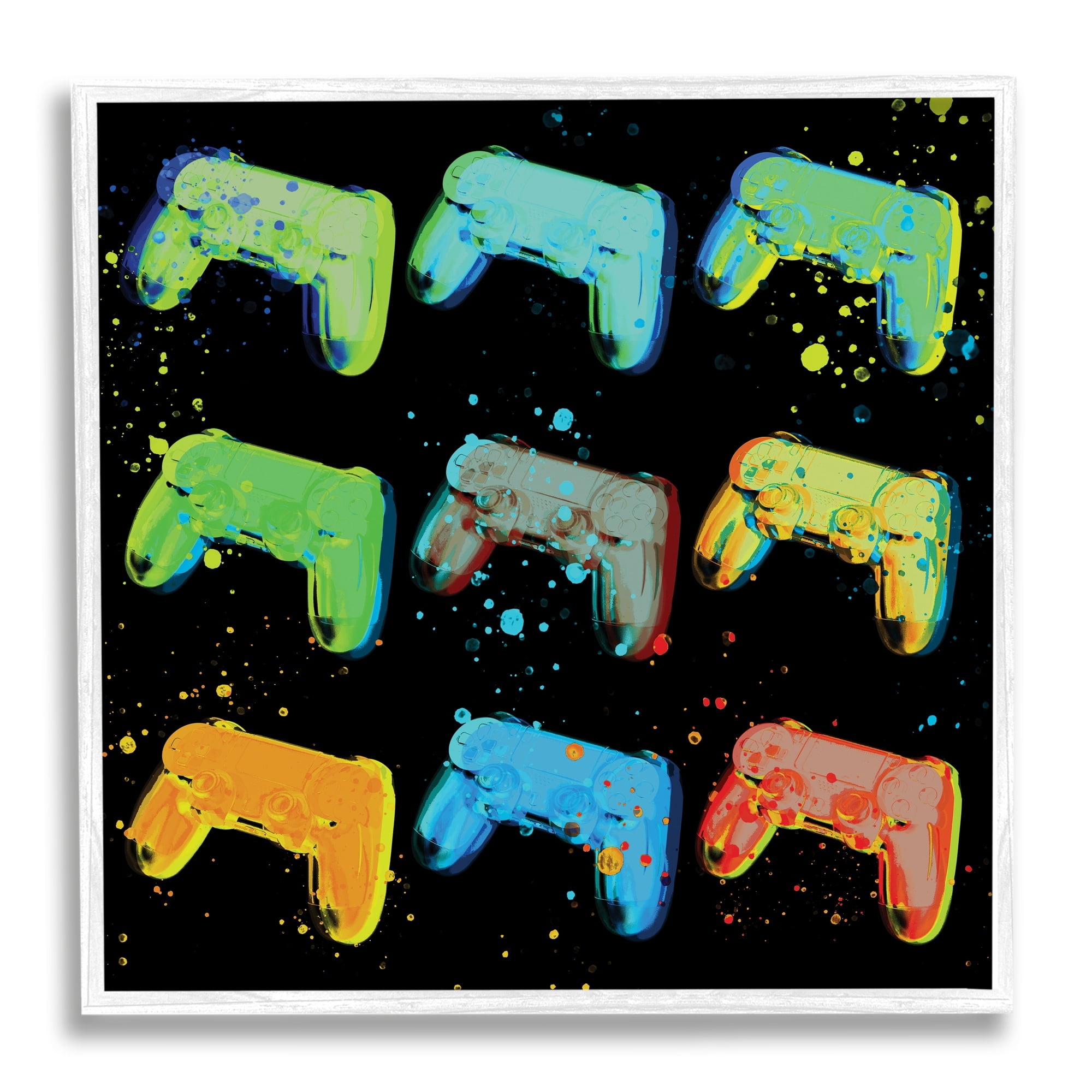 Stupell Industries Neon Pop Style Gaming Controllers Paint Splatter Graphic Art White Framed Art Print Wall Art, Design by Daphne Polselli