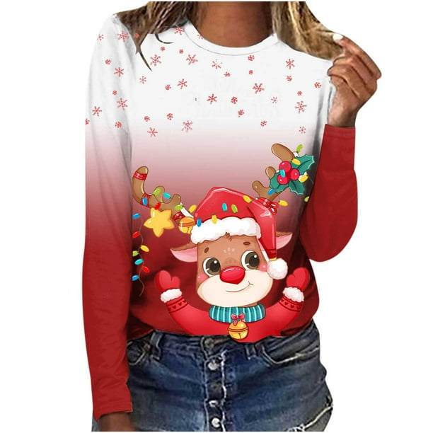 Camisas Navideñas Para Mujer Tops de Manga Larga Jersey de Cuello Redondo Informal Con Estampado de Ciervos en 3D Odeerbi ODB199847