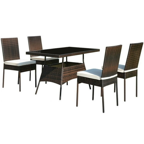 Spaco 5 Pieces Rattan Dining Set Glass Table High Back Chair, Furniture Conversation Sets, Coffee Table for Garden, Poolside, Backyard