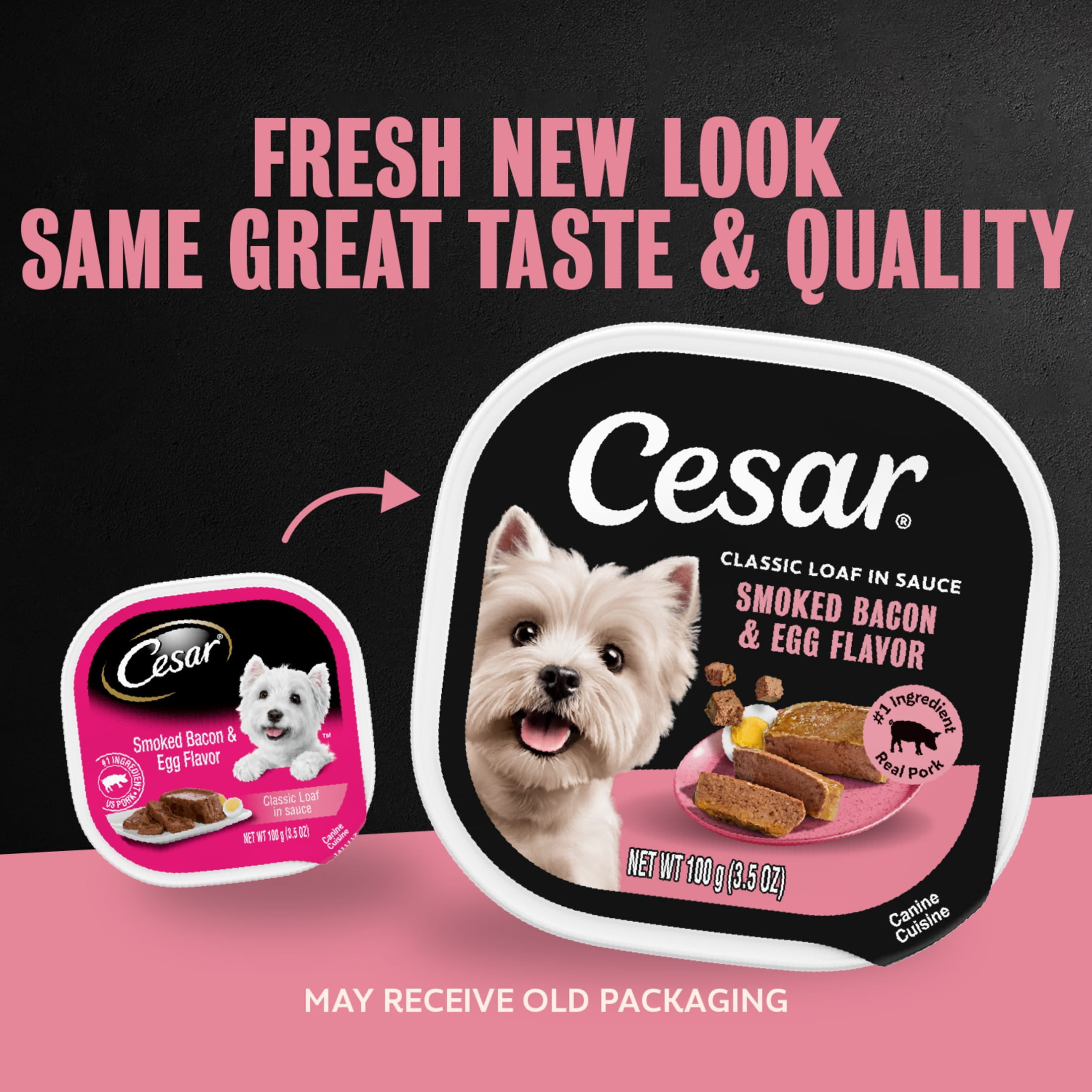 (24 pack) Cesar Classic Loaf in Sauce Wet Dog Food, Bacon & Egg Flavor, 3.5 oz. Easy Peel Trays, 24 Count