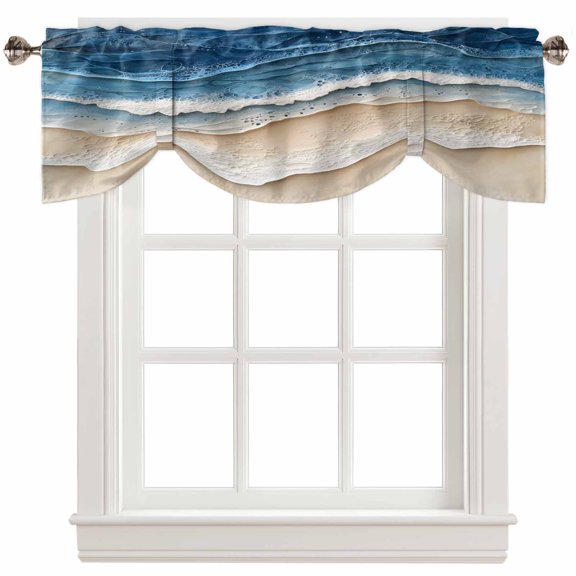 Fsddascl Blue Beach Coastal Tie Up Valance Curtains for Windows, Kitchen Curtains Window Treatments, Nautical Seaside Ocean Beige Short Window Shades Valances for Bedroom Bathroom Cafe 60"x18"