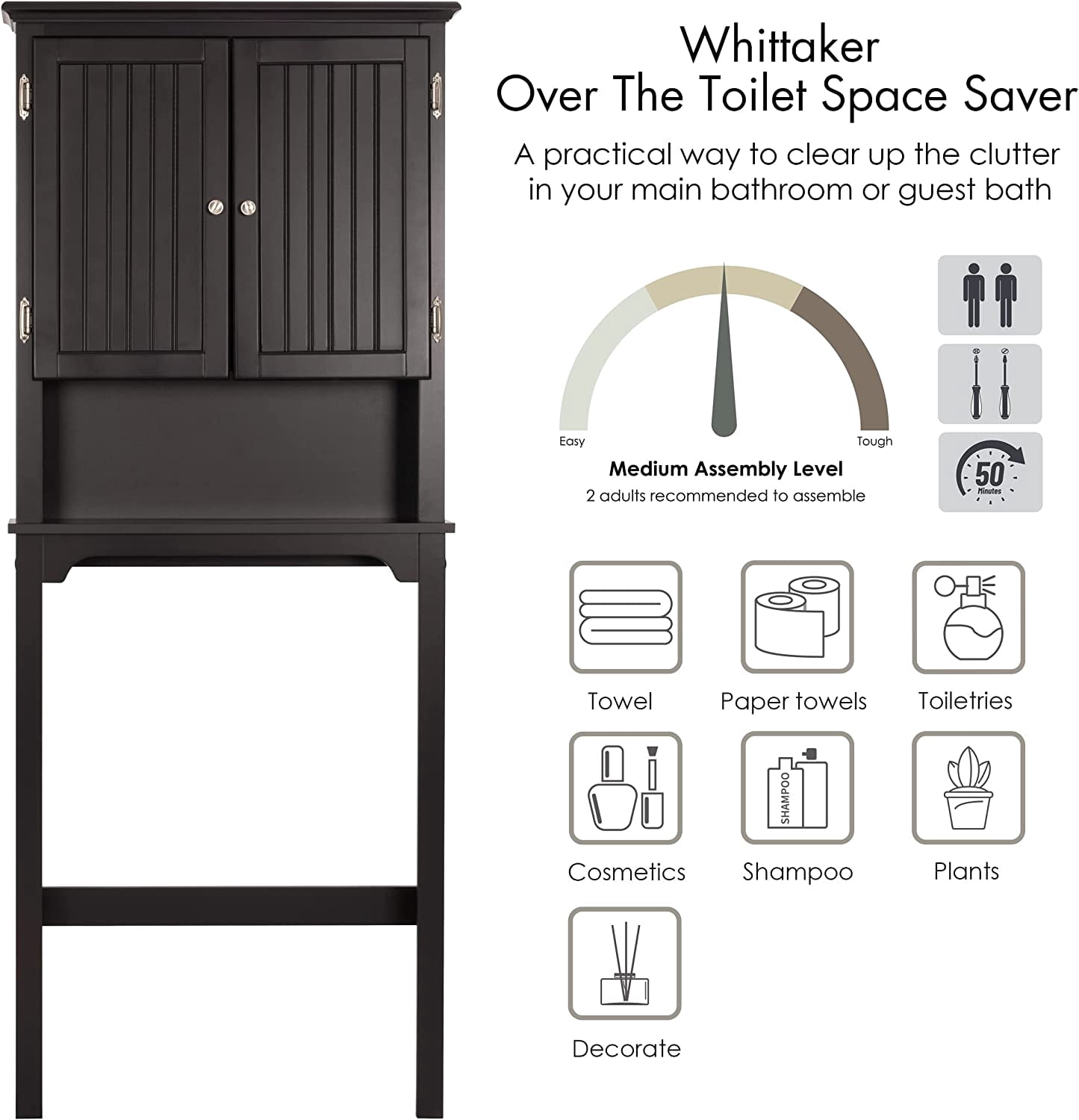 UTEX Bathroom Storage Over The Toilet, Bathroom Cabinet Organizer with Adjustable Shelves and Double Doors, Wood Bathroom Space Saver,Espresso