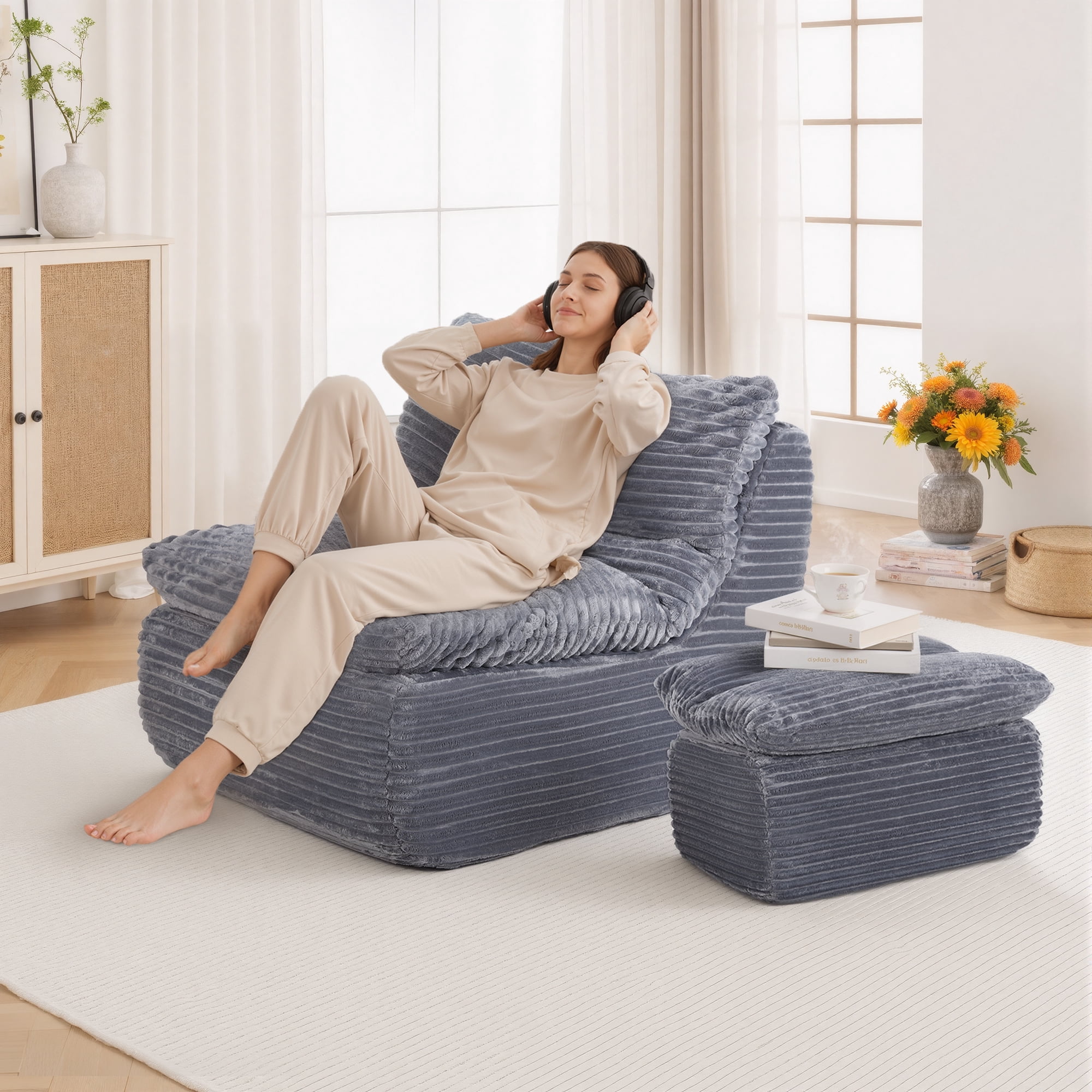 EOP Big Bean Bag Lounger Chairs Set of 2, Chaise Lounge Chairs Indoor, Comfy Upholstered Sleeper Sofa Beds with Compressed Memory Foam, No Assembly Required, Gray